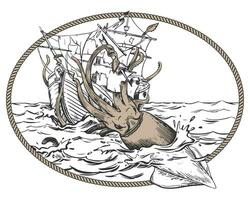 The legendary kraken is attacking the ship. A squid drags a sailboat underwater. Monochrome drawing in an oval rope frame. Vector illustration in engraving style. Composition based on sailor's legends