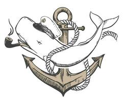 White sperm whale in a capitan cap and with a smoking pipe in his mouth. A creative illustration of a whale entwined with a rope at anchor. Old school tattoo sketch, surreal idea for t-shirt prints. vector