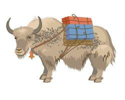 beige manchado yak con cajas en sus atrás. vector, plano estilo. un mascota es tradicionalmente usado para carga transporte en Tíbet y Nepal. lechería vacas son extendido en el tierras altas. dibujos animados estilo. vector