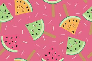 Seamless pattern with watermelon on a pink background. Watermelon on a stick. Vector illustration. Simple pattern. Summer time. Vector illustration. Vector illustration