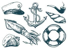 Elements of the life of a sea fisherman. Anchor with a rope, captain's cap, smoking pipe, life buoy, squid, sea clams. Vector illustration in vintage style, engraving effect.