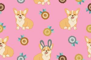 Seamless pattern with cartoon Corgi dog pattern and medals. Vector illustration on a pink background.