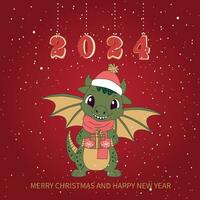 Christmas card with a cute green dragon symbol of 2024. Funny green dragon with a gift. Merry Christmas and Happy New Year card. Vector. Vector illustration. Vector illustration