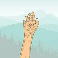 Fingers Up Hand Illustration Drawing with mountain background, engraving, ink, line art, vector, hand Drawing sketch vector