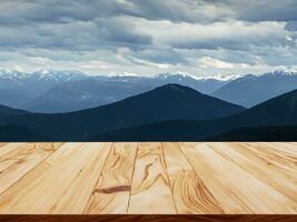 wooden table and blurred nature landscape photo