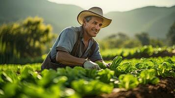 Portrait farmer picking vegetables AI Generative photo