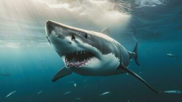 retrato de miedo blanco tiburón apareciendo en el mar ai generativo foto