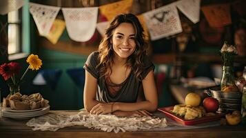 Portrait beautiful woman with tacos on the table AI Generative photo