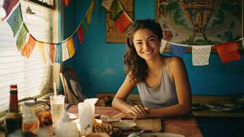 Portrait beautiful woman with tacos on the table AI Generative photo