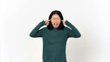 Closed Ear Hears bothering noise Of Beautiful Asian Woman Isolated On White Background photo