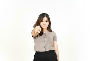 Angry and Pointing at You Of Beautiful Asian Woman Isolated On White Background photo