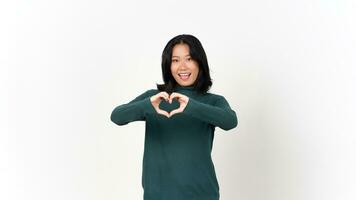 Showing Love Hand Sign Of Beautiful Asian Woman Isolated On White Background photo