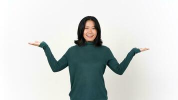Showing Two Product on Open Palm Of Beautiful Asian Woman Isolated On White Background photo