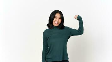 Showing Strength Arms Woman Equals Concept Of Beautiful Asian Woman Isolated On White Background photo