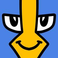 a yellow and blue cartoon character with a face photo