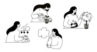 Woman and money, financial literacy and successful investment black and white doodle illustrations set. vector