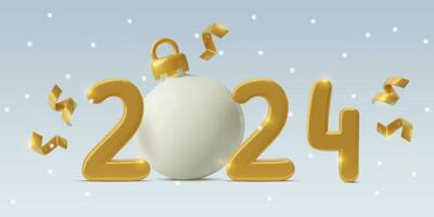 2024 New Year gold 3d numbers with big Christmas ornament and confetti ribbons. Minimal three dimensional holiday poster or banner on light background with snowing. Vector Illustration.