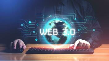 web 3.0 Internet concepto. sitio web permite los usuarios a completamente propio su digital bienes y conectar datos con tecnología ese los usuarios a crear almacenamiento espacio a servidor en digital mundo foto