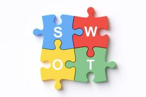 SWOT jigsaw puzzle on white background. concepts of business and education for analysis and search of the strengths, weaknesses, opportunities and threats of the organization with marketing photo