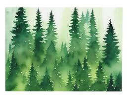 watercolor green pine forest landscape illustration. photo