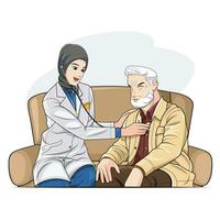 Female Doctor in a hijab checking heartbeat examining elder retired man at home. Vector illustration pro download