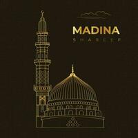 Masjid nabawi in madina tun nabi line art in golden style vector illustration, isolated on background