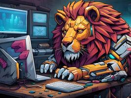 un dibujos animados ilustración de un león con un computadora en un moderno estilo. foto