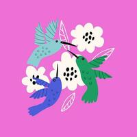 brillante colibrí con flor algodón para niños impresión vector