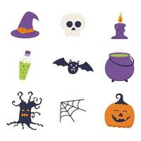 Halloween set of elements, monster, pumpkin, bat and skull. Vector is cute illustration in flat style.