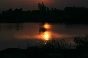 el sol sale y se pone por la mañana y por la noche y los árboles están sombreados de negro, cielo anaranjado y nubes. cálido, romántico y gloriosamente hermoso, se ve cálido y viajero. foto