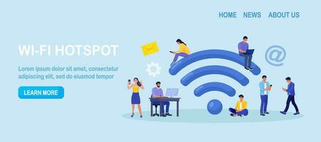 People working with portable devices near big wifi sign in free internet zone. Public free wi-fi hotspot, wireless connection. Characters surfing internet. Technology globalization and reachability vector