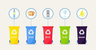 Waste collection, segregation and recycling. Garbage separated into different types and collected into waste containers. Each bin for different material vector