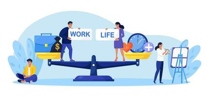 Life and work balance on scales. People keep harmony choose between career and money versus health and time, leisure or business. Comparison stress and healthy life, family, love versus job vector