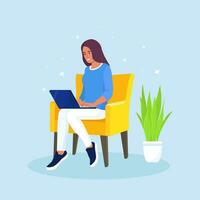 Happy woman sitting on armchair and working on laptop. Freelance, online studying, work from home, coworking space concept vector