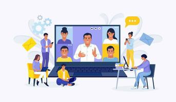 Online video conference Colleagues talk to each other on the laptop screen. Tiny people e-learning by webinar training, tutorial podcast concept. Teacher conducts online meeting with students vector