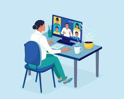 Video conference. Colleagues talk to each other on the laptop screen. Conference video call, working from home, online meeting workspace. Vector illustration