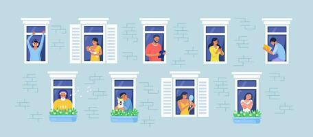 Outer wall of house with neighbors and dog at windows. Happy men and women look out of apartments reading, take photo, chatting with phone, hugging, listening music. Stay home, daily routine activity vector