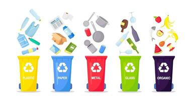 residuos recopilación, segregación y reciclaje. basura apartado dentro diferente tipos y recogido dentro residuos contenedores cada compartimiento para diferente material. vector ilustración