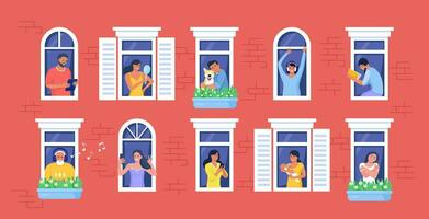 Outer wall of house with neighbors and dog at windows. Happy men and women look out of apartments reading, take photo, chatting with phone, hugging, listening music. Stay home, daily routine activity vector