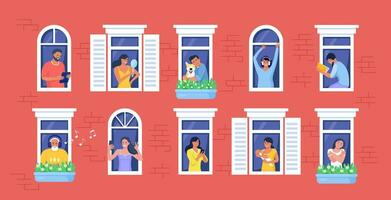 Outer wall of house with neighbors and dog at windows. Happy men and women look out of apartments reading, take photo, chatting with phone, hugging, listening music. Stay home, daily routine activity vector