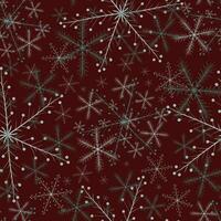 Winter seamless pattern with snowflakes on dark background. Hand drawn doodle coniferous ornament in snowflake shape. vector