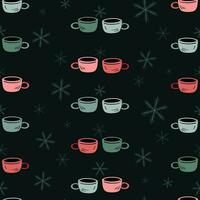 Two cute winter mugs of coffee or tea and snowflakes in seamless pattern. Hand drawn doodle pair of coffee cups with snowflakes on a dark background. vector