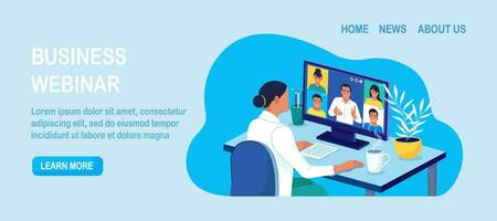 Video conference. Colleagues talk to each other on the laptop screen. Conference video call, working from home, online meeting workspace vector