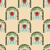 Seamless pattern with a cute groovy style half of a watermelon character vector