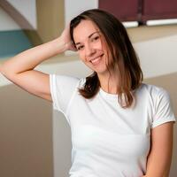 Happy smiling woman in white tshirt mockup photo