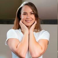 Happy smiling woman in white tshirt mockup photo