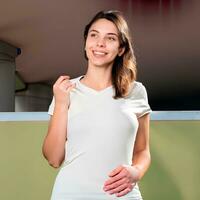 Happy smiling woman in white tshirt mockup photo