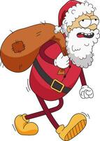 cansado Papa Noel claus con bolso en su atrás. retro dibujos animados personaje en el estilo de antiguo escuela. Navidad personaje vector