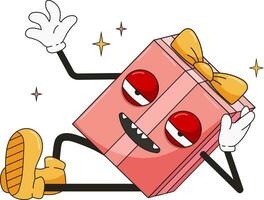 loco flirteador regalo caja ondulación su mano. gracioso retro dibujos animados personaje en el estilo de antiguo escuela. Navidad personaje vector