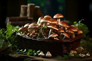 Freshly picked mushrooms in a basket on the autumn, fall forest background. photo